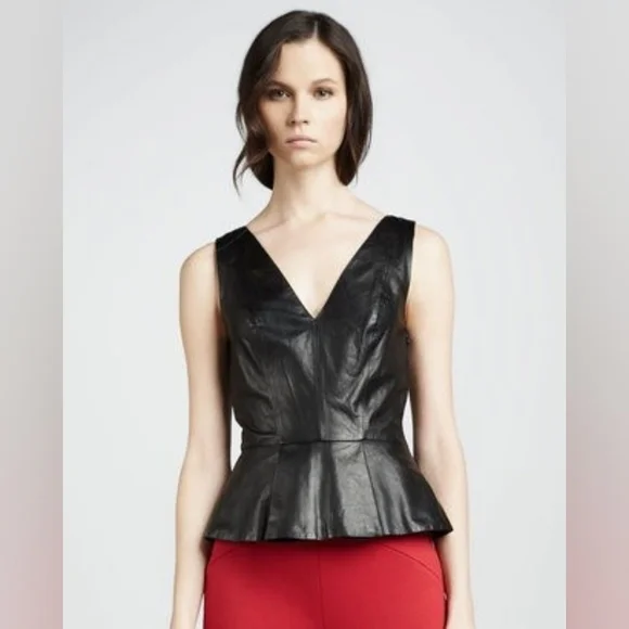 Robert Rodriguez Black V-Neck Leather Sleeveless Peplum Top Mesh Back Size 8 - Picture 3 of 9